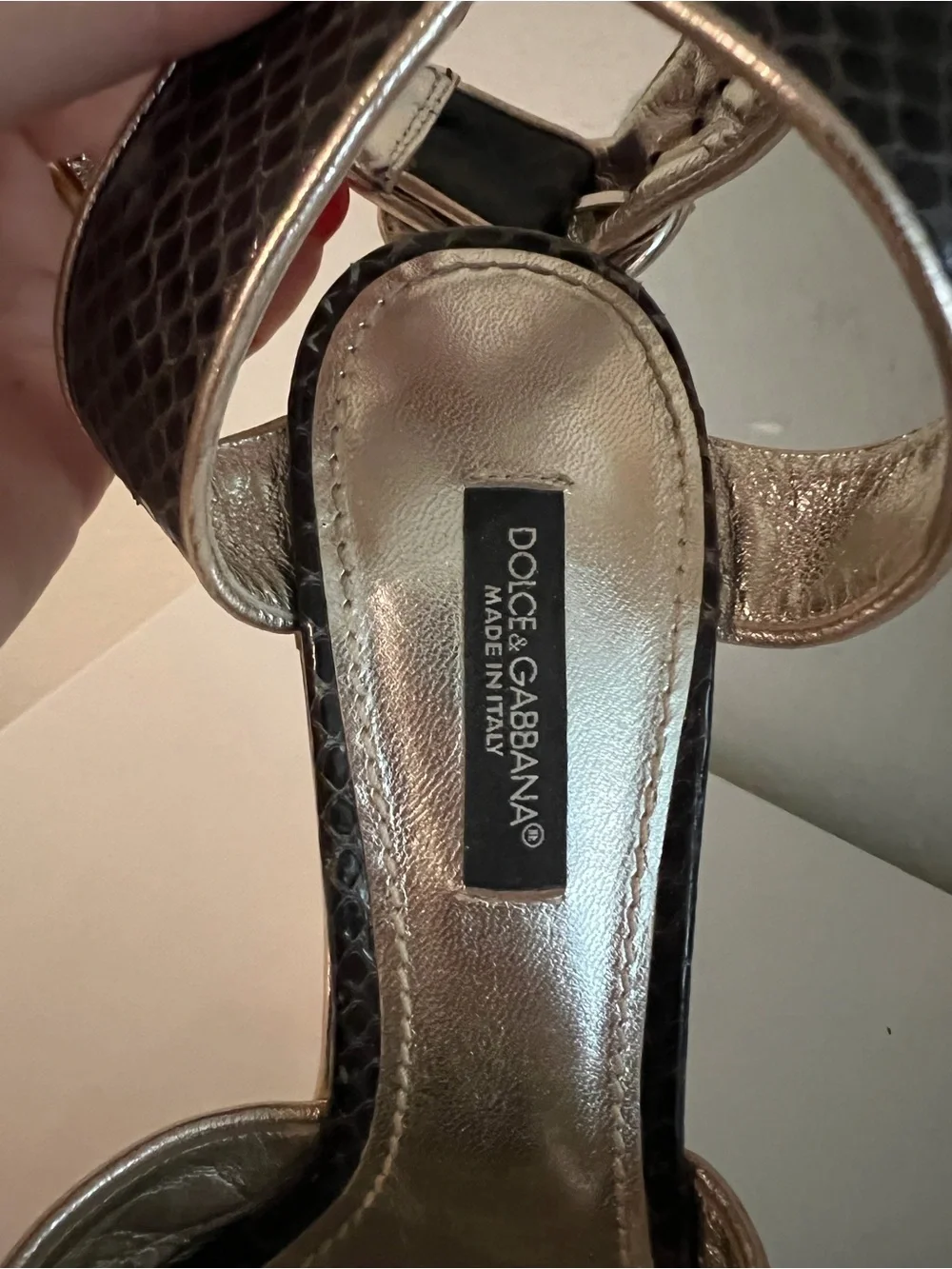 Dolce & Gabbana Black Snakeskin Wedge Sandals with Gold Accents..